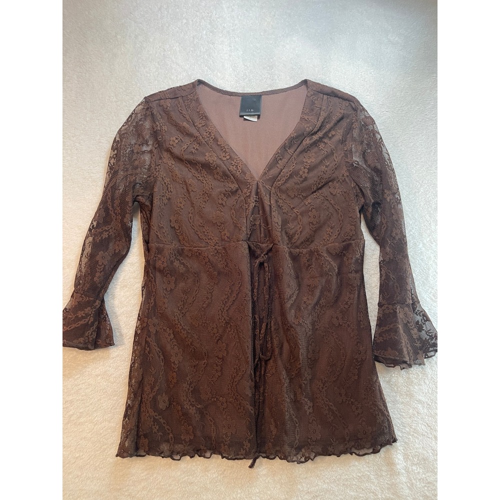 j.t.b. Brown Floral Lace Bell Sleeve Empire Tie Waist Tunic Top Large
